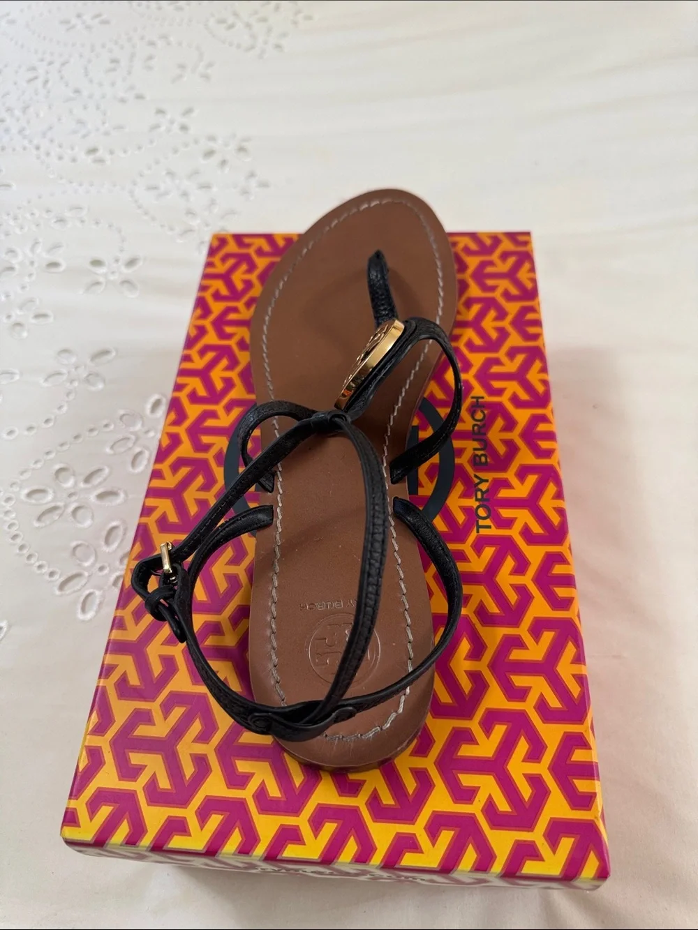 Tory Burch Black Leather Thong Sandal with Gold Logo